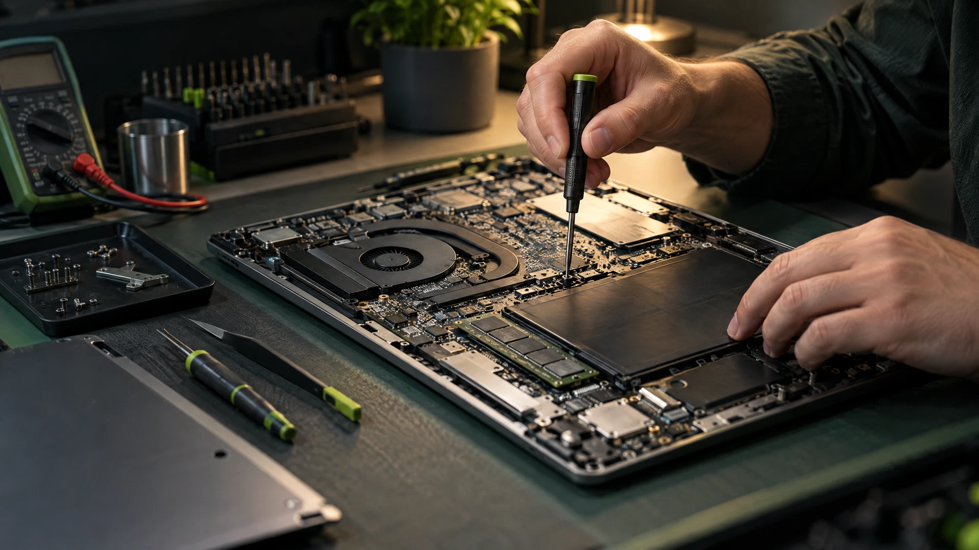 Imagen ilustrativa de manos realizando mantenimiento en un notebook abierto