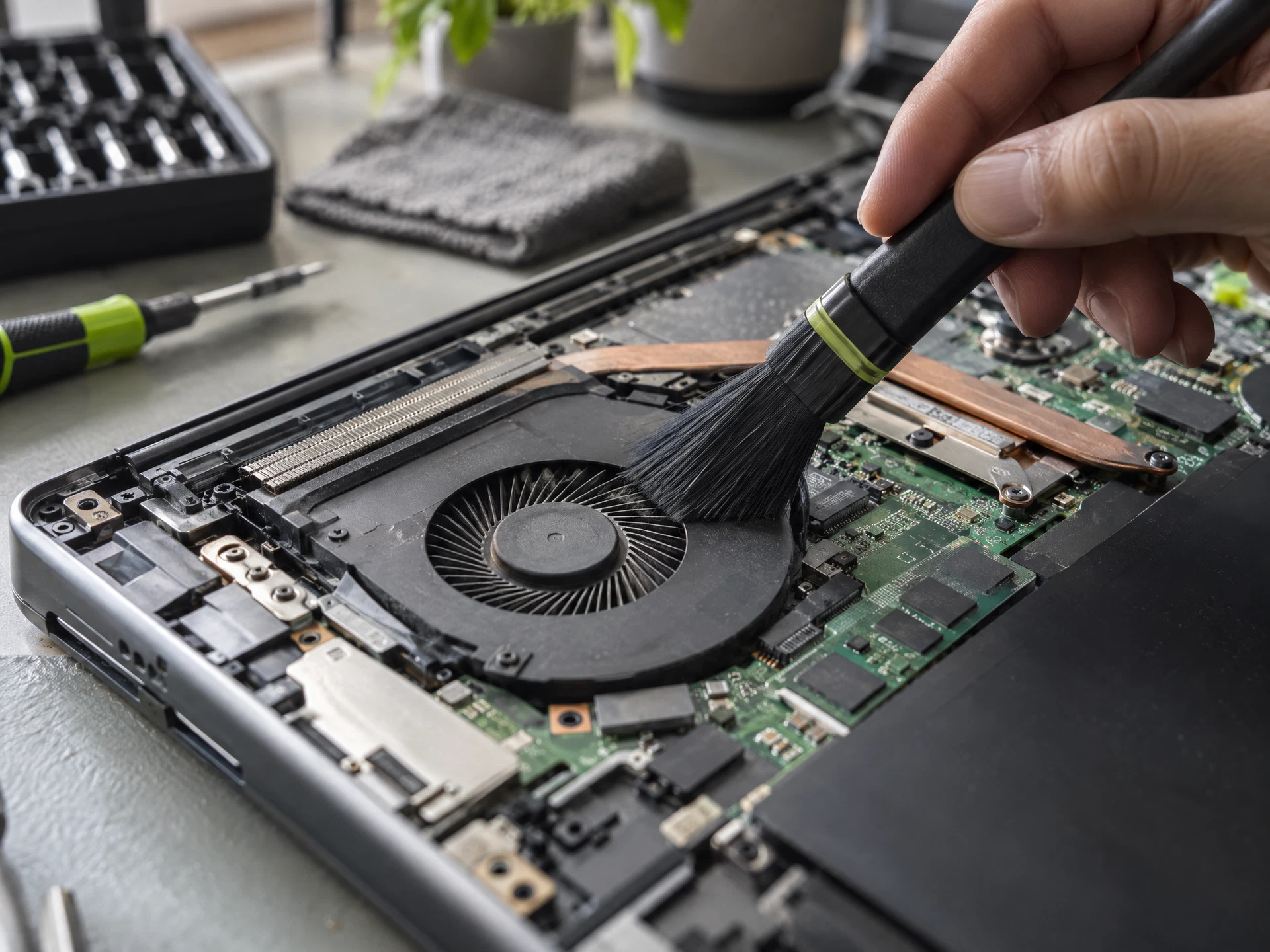 Limpieza de ventilador y disipador en el interior de un notebook